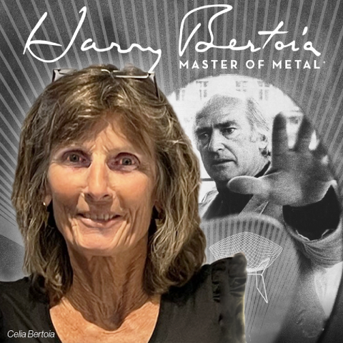 A headshot of Celia Bertoia with Harry Bertoia in the background.