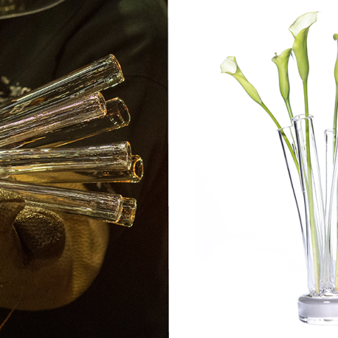 A split view of hand-blown glass objects.