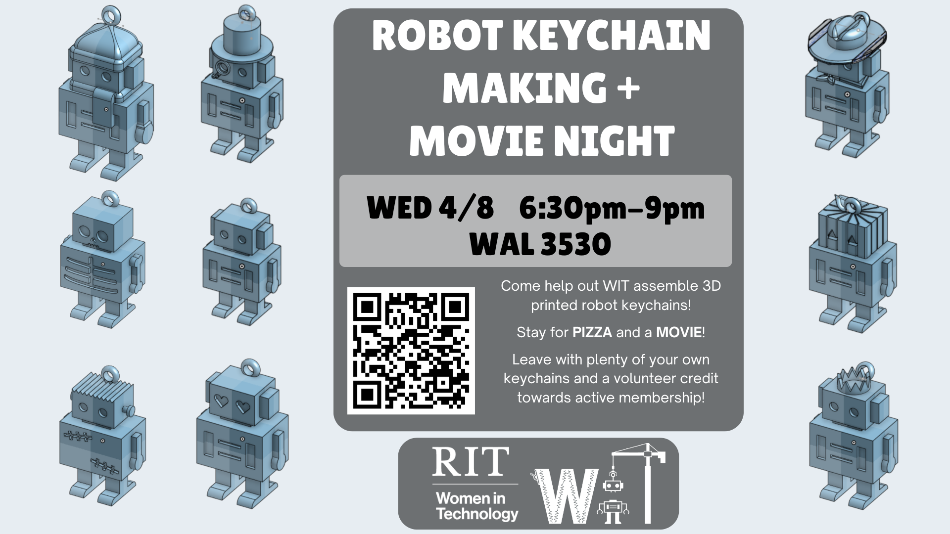 Event poster for Robot Making and Movie Night. Features illustrated robots and details event