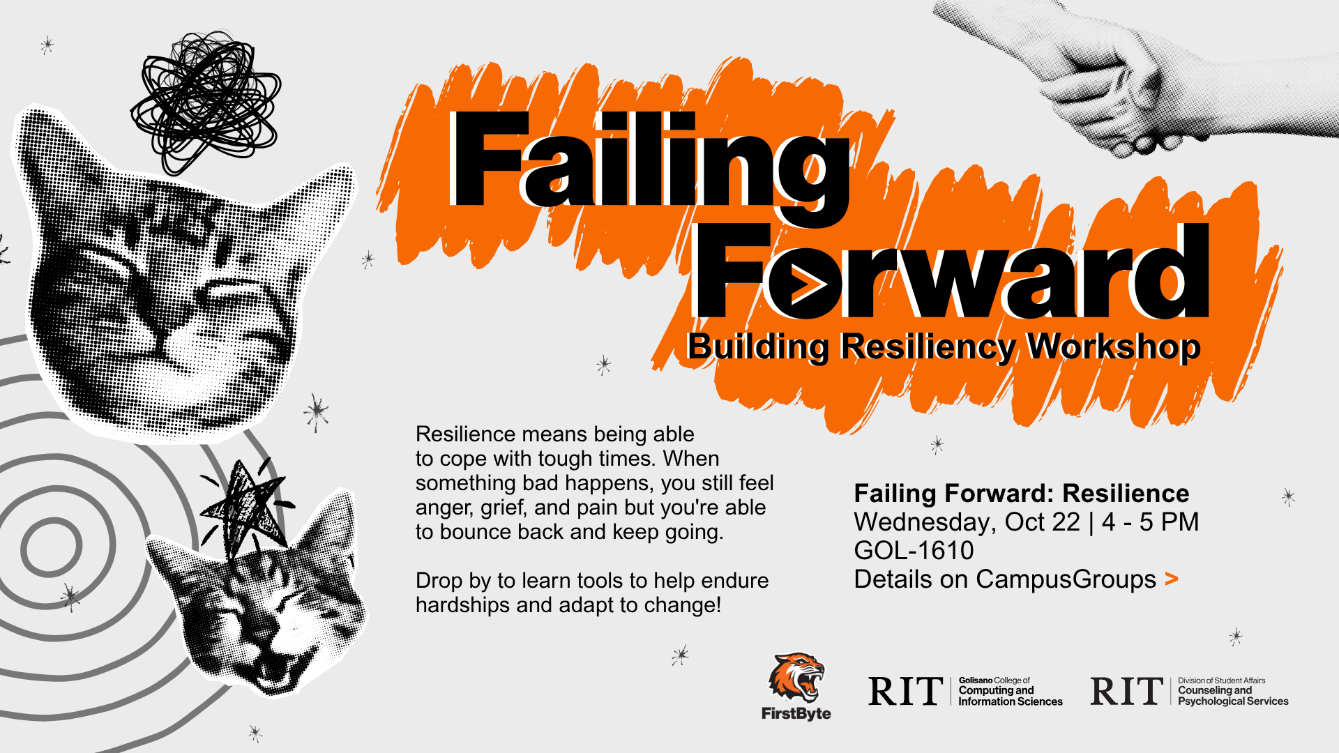 FirstByte Failing Forward Flyer picturing a frustrated cat and a happy cat. Text reads event details as listed below. 