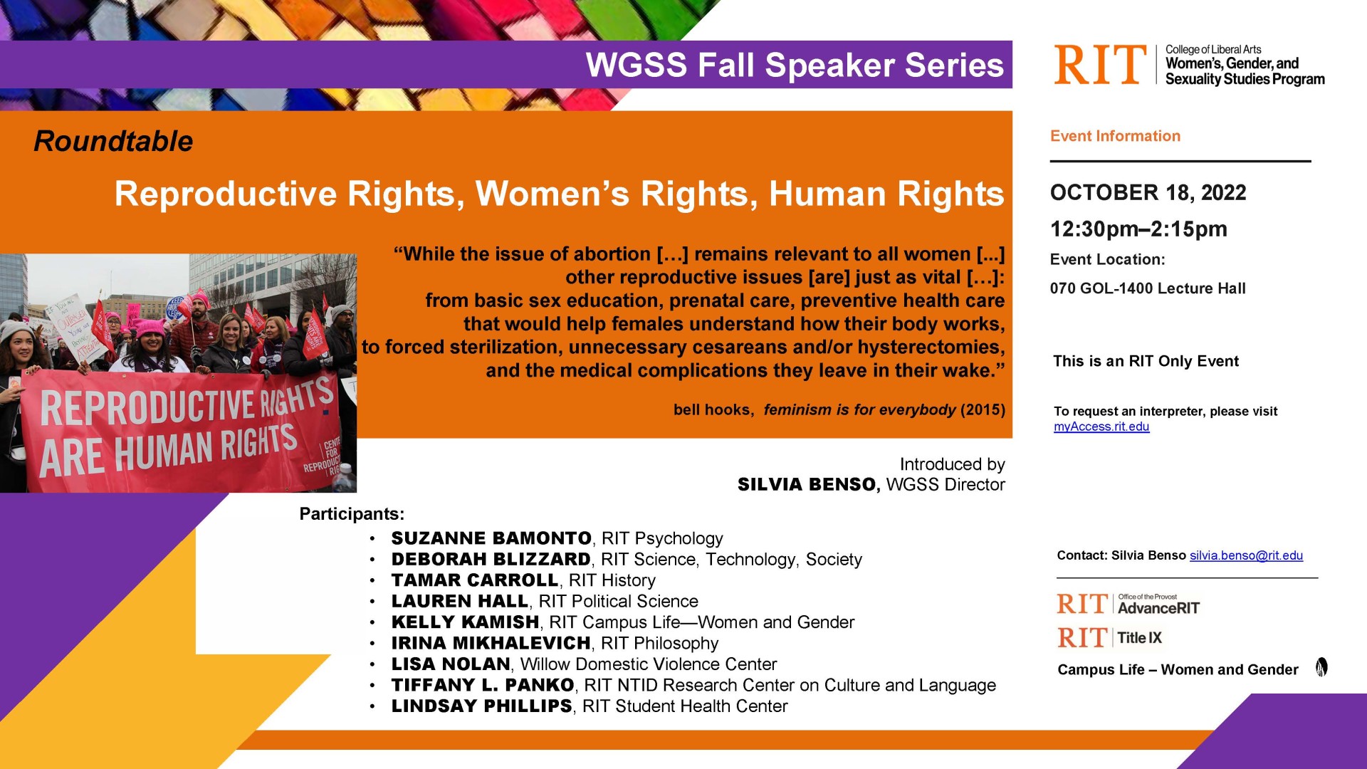 Reproductive Rights, Women's Rights, Human Rights, Oct. 18, 12:30-2:15 pm Golisano Hall 1400