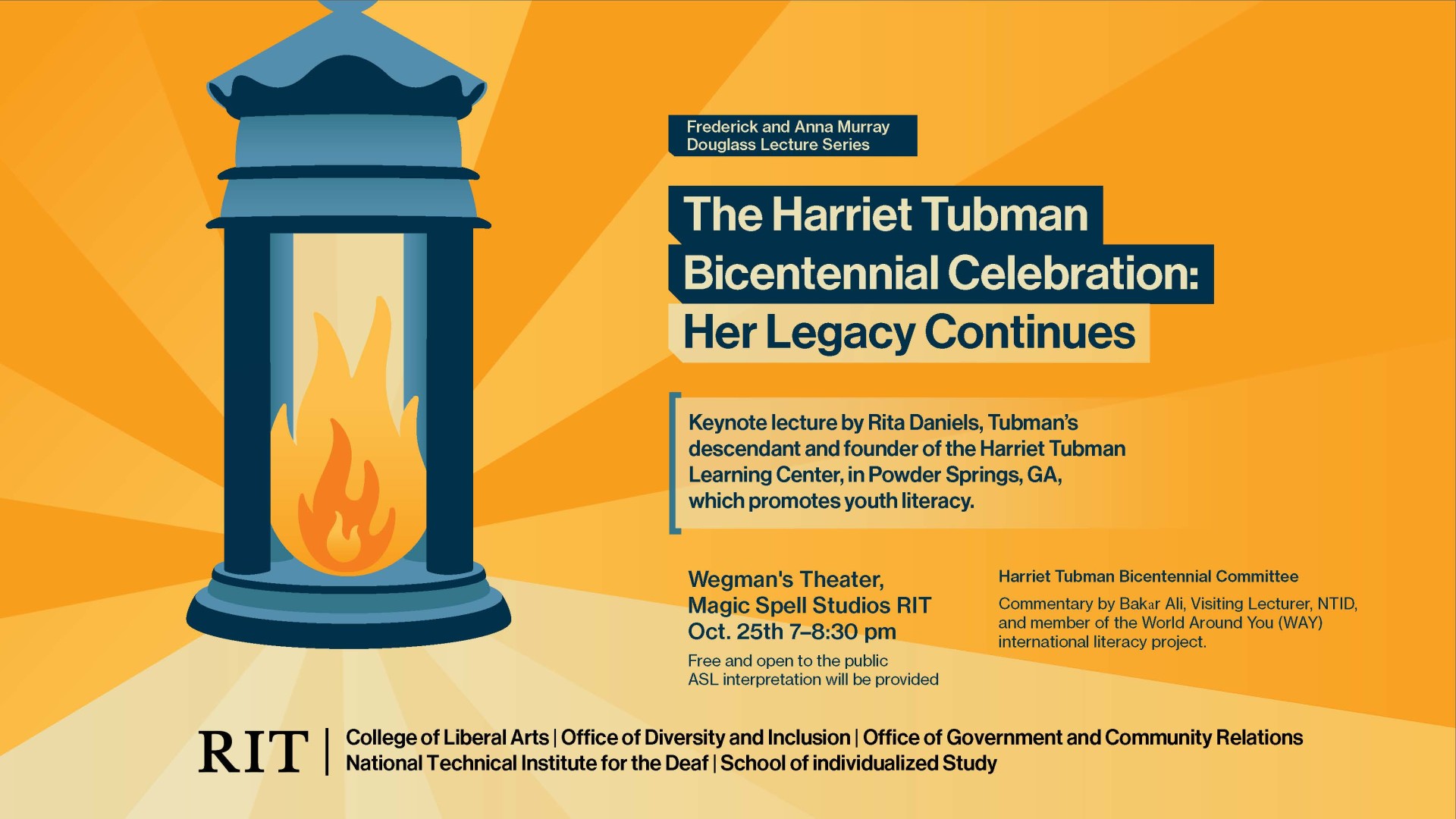 Yellow background with a flame image and text regarding the Harriet Tubman Bicentennial Celebration