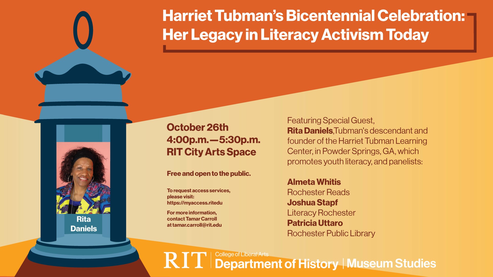 Image of Rita Daniels and text regarding Harriet Tubman's Bicentennial Celebration: Her Legacy in Literacy Activism Today