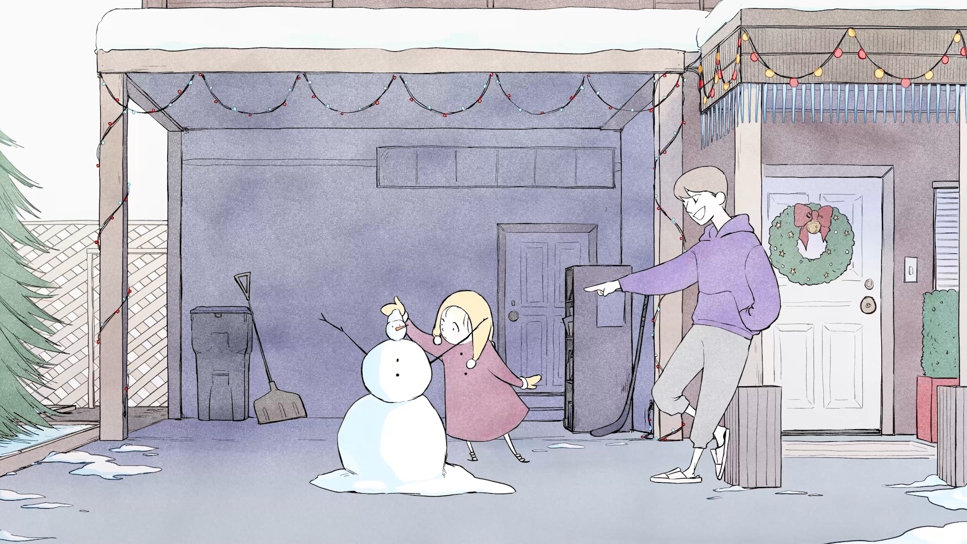 An animation of a young girl building a snowman.