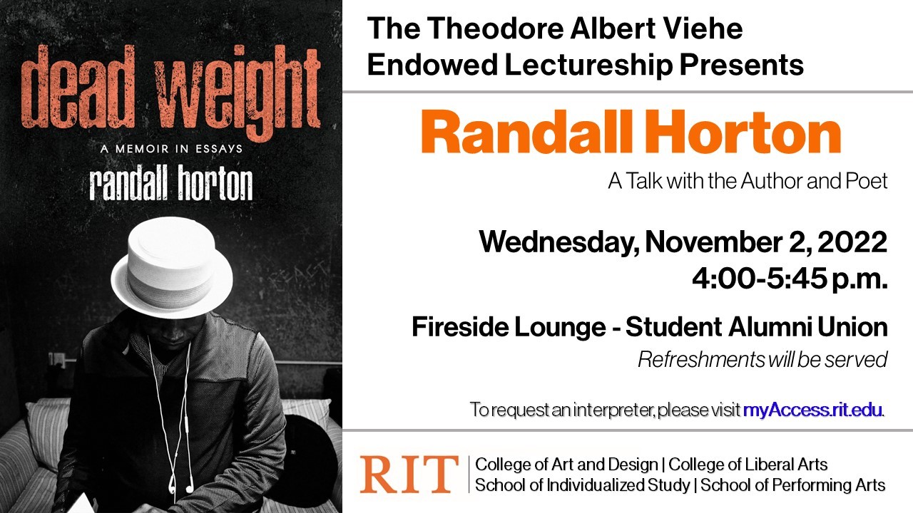 Image of Randall Horton on a black background with red, orange and white text.