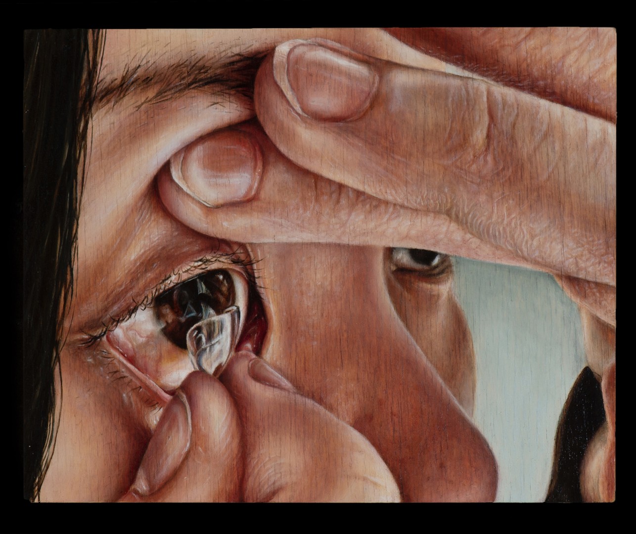 A painting of a person putting a contact in.