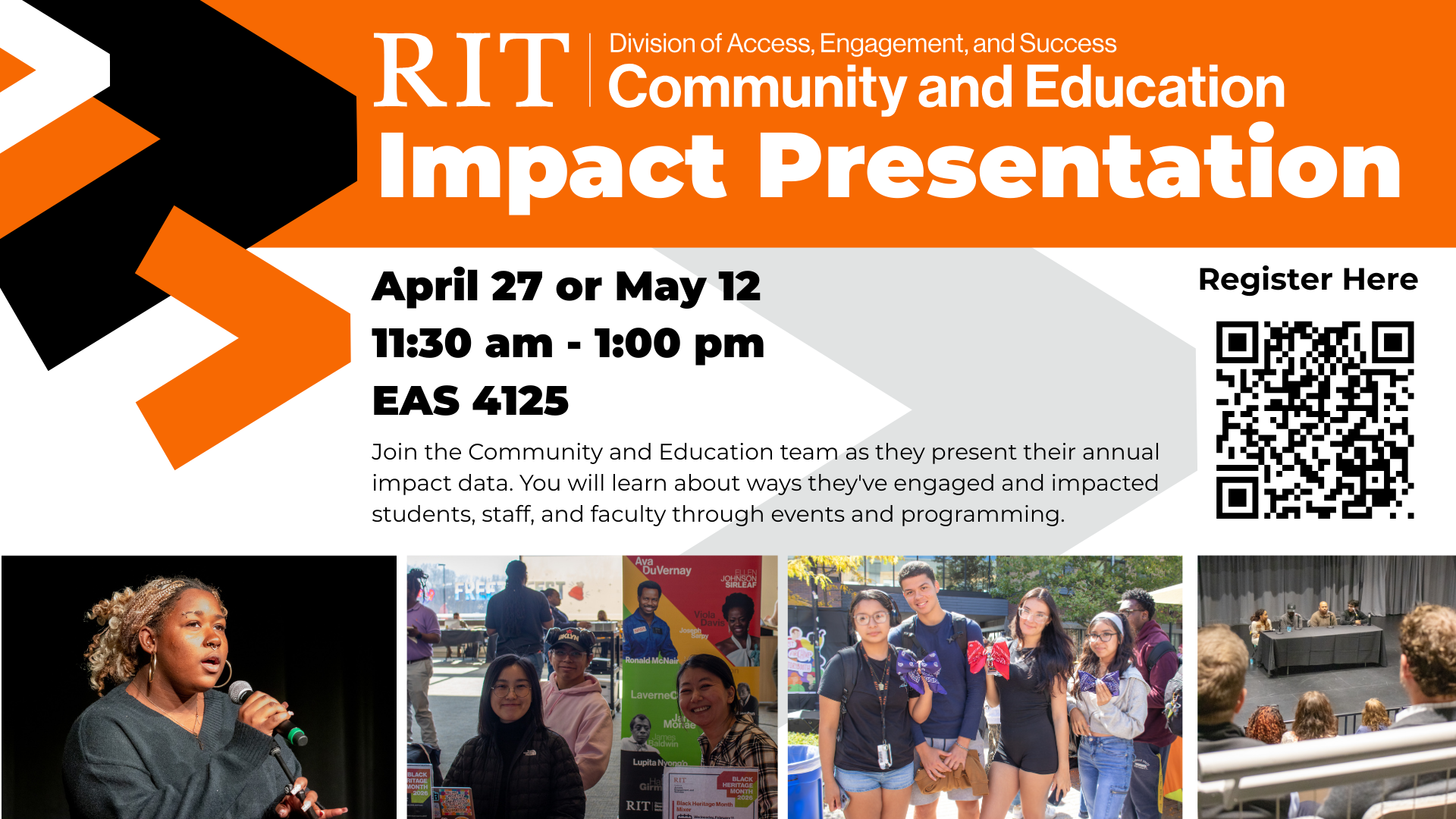 Orange, black, and white graphic with photos and text. Title is: Community and Education Impact Presentation