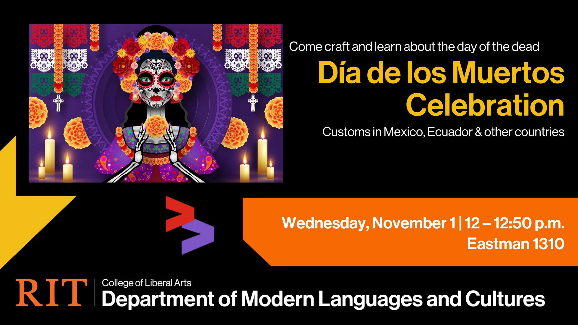 Dressed up skeleton image with text about the event