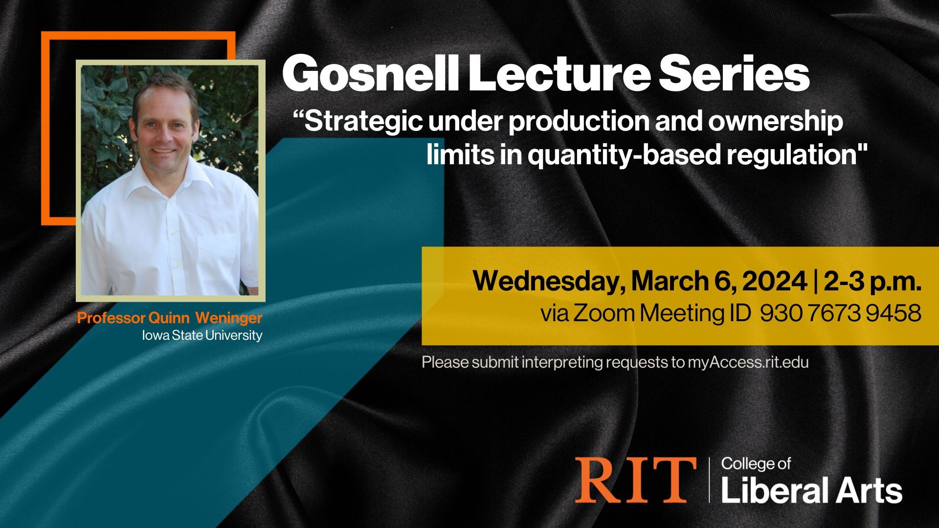 Black background and an image of the speaker with text about the event