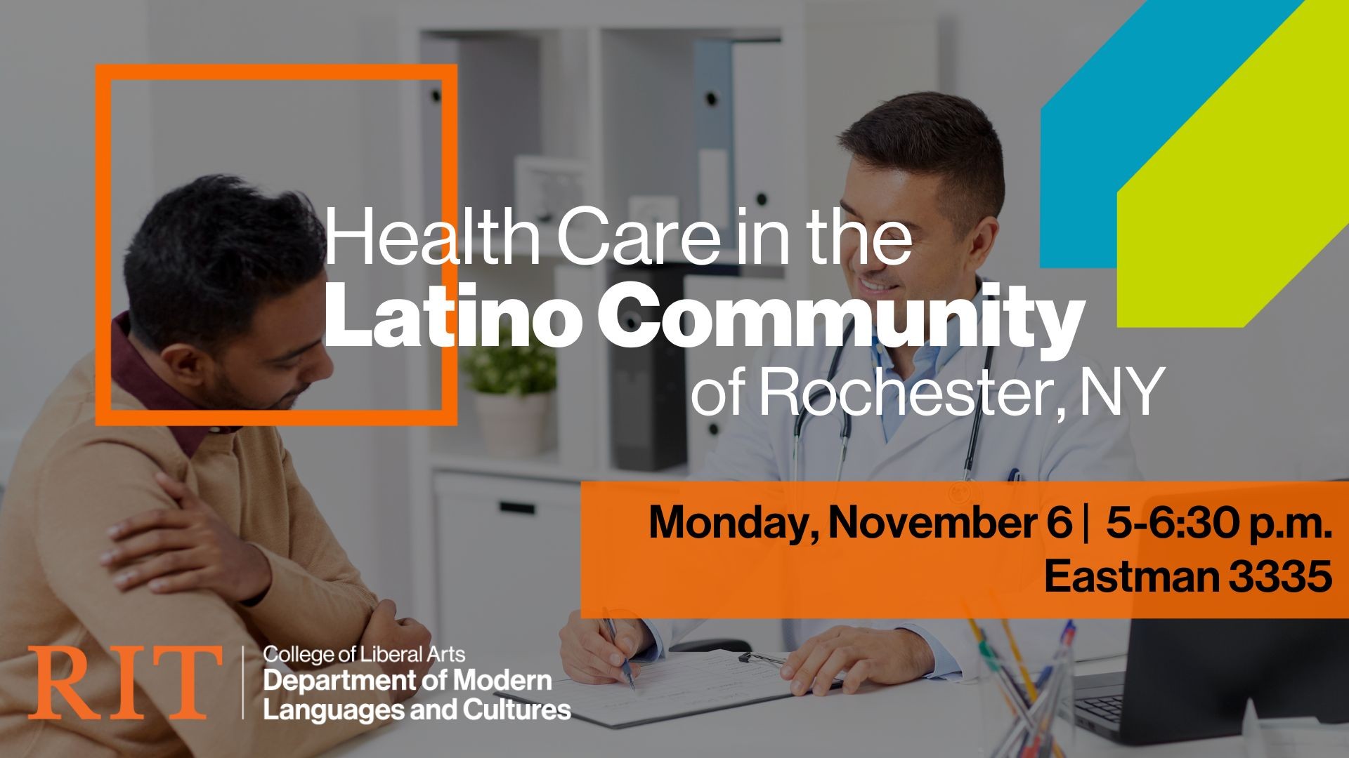 Image of a Hispanic patient and doctor with text about the event  