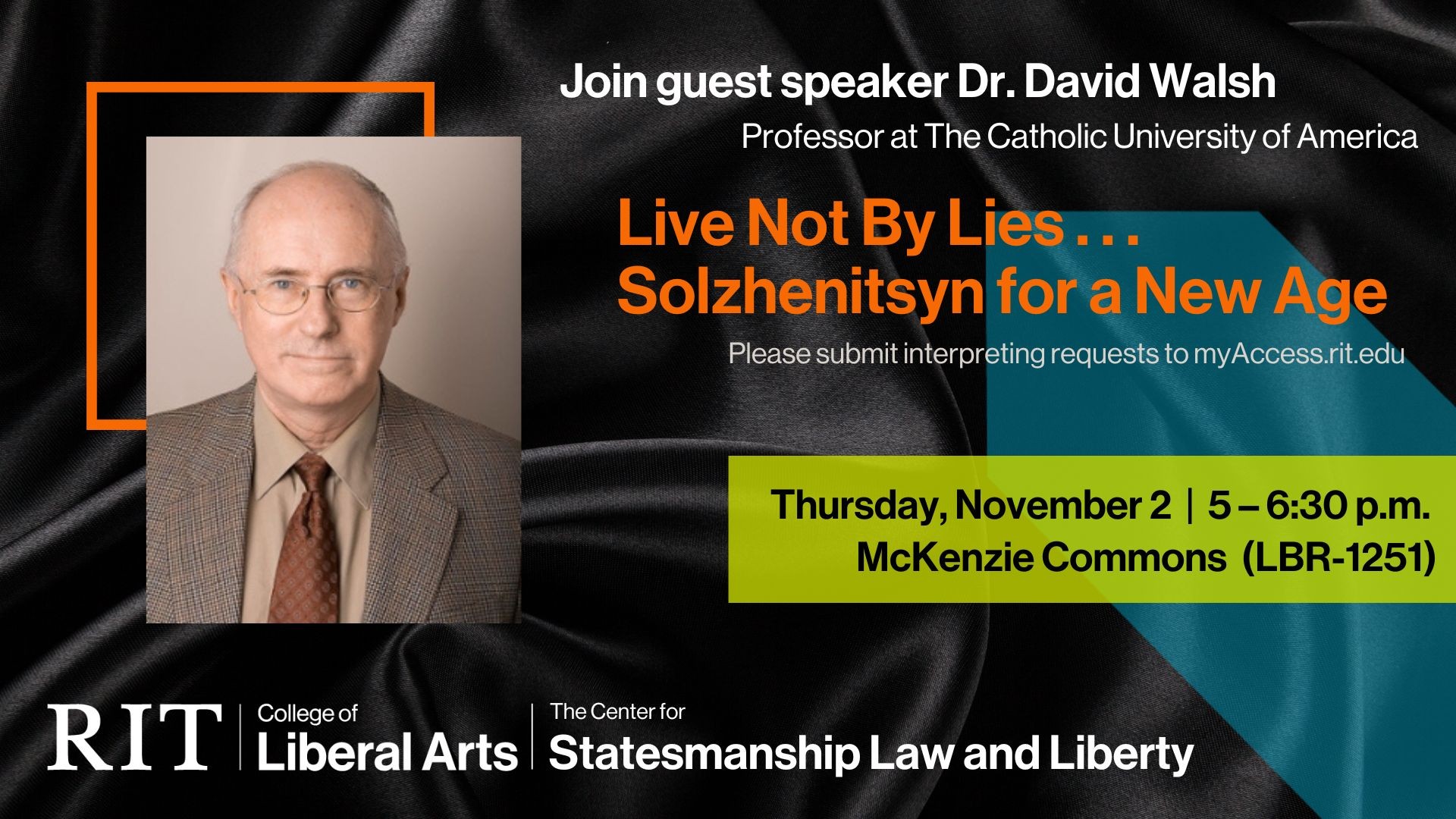 Black background with an image of Dr. Walsh and text about the event