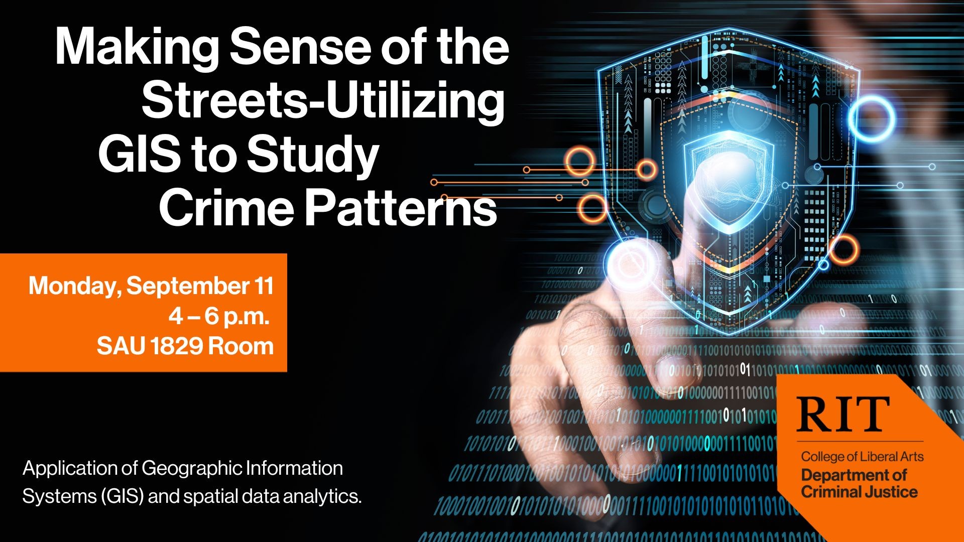 Black background image with information about the event.