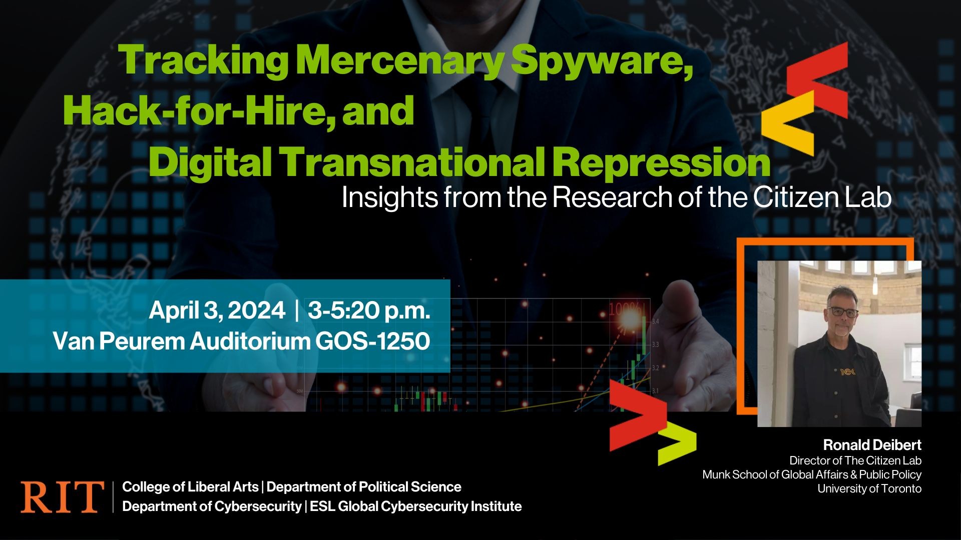 Spyware image, text about the event, a picture of the speaker and logos