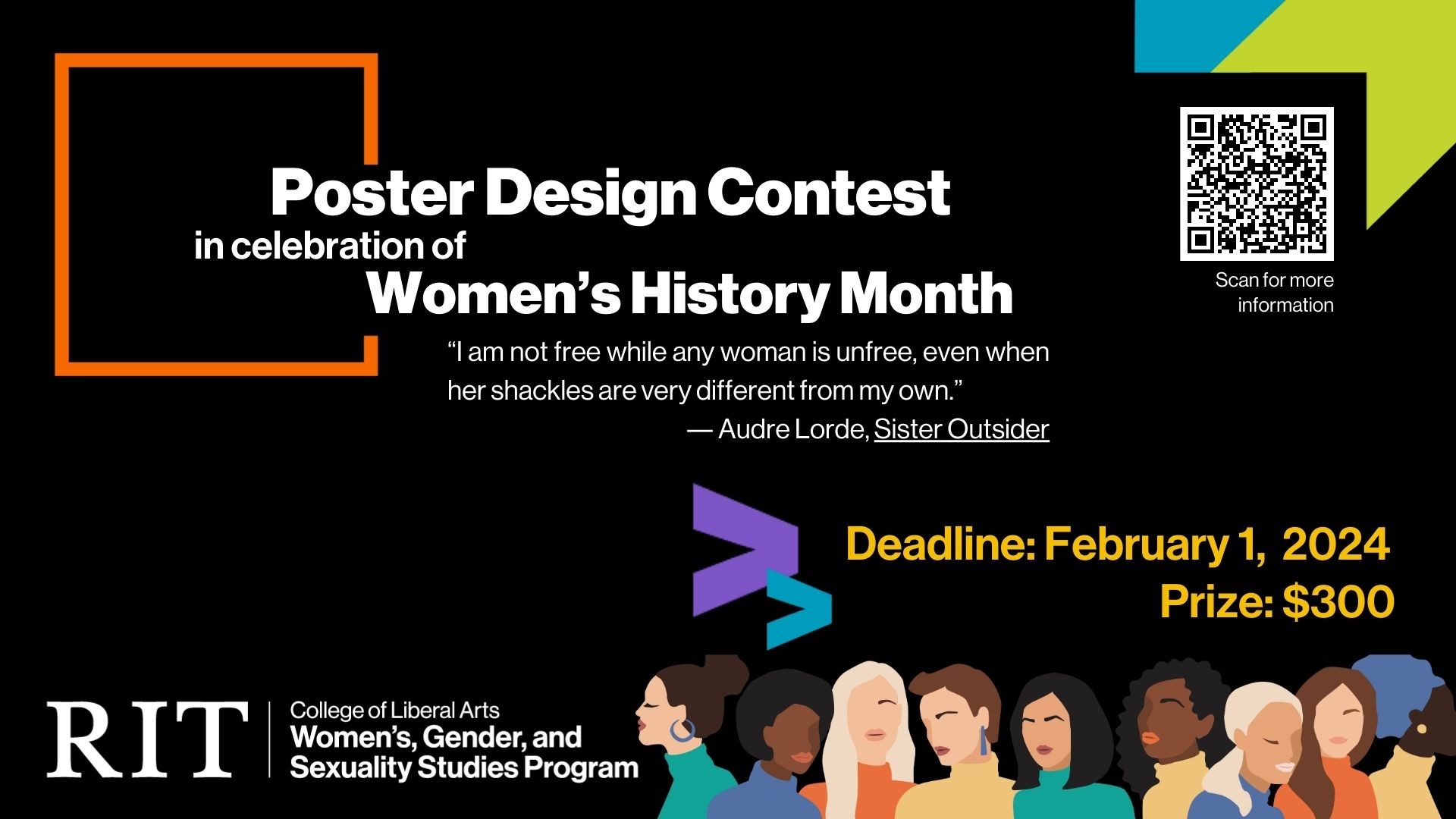 Black background with an image of multi-cultural women and text about the poster contest