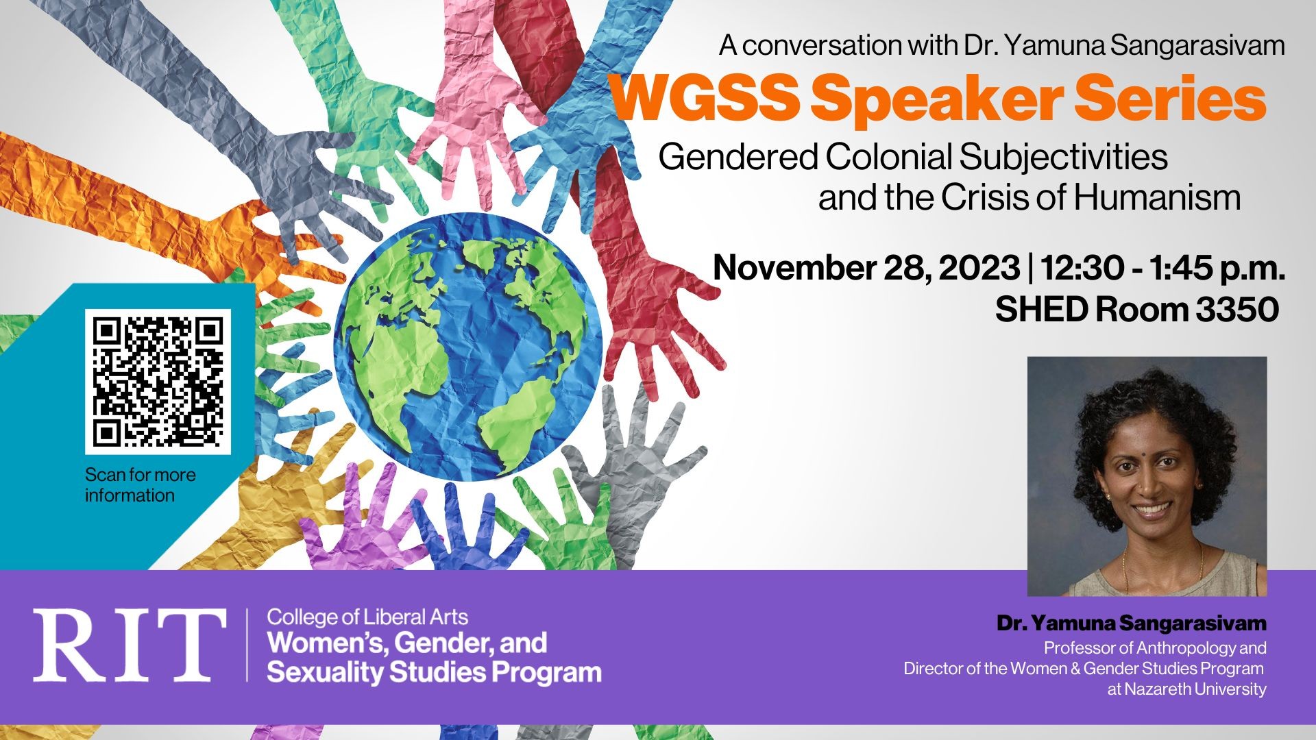 Multi colored hands with a globe and text about the speaker series