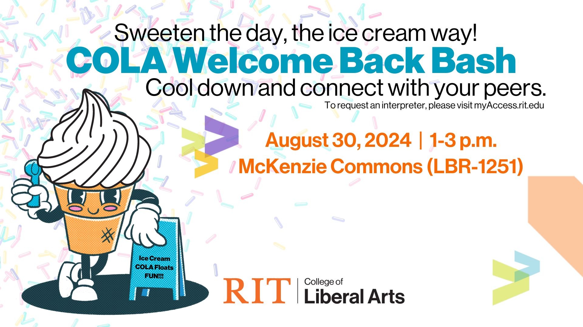 White background with sprinkles and a cartoon ice cream person and information about the event