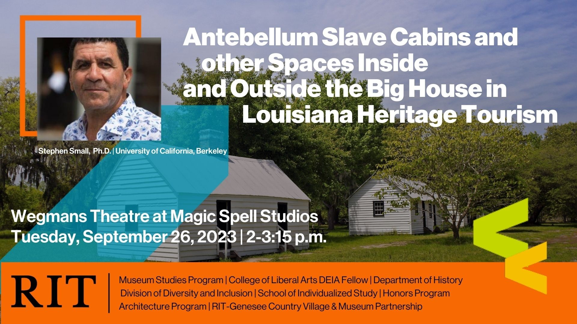 Cabin image in background, photo of speaker and text about the event