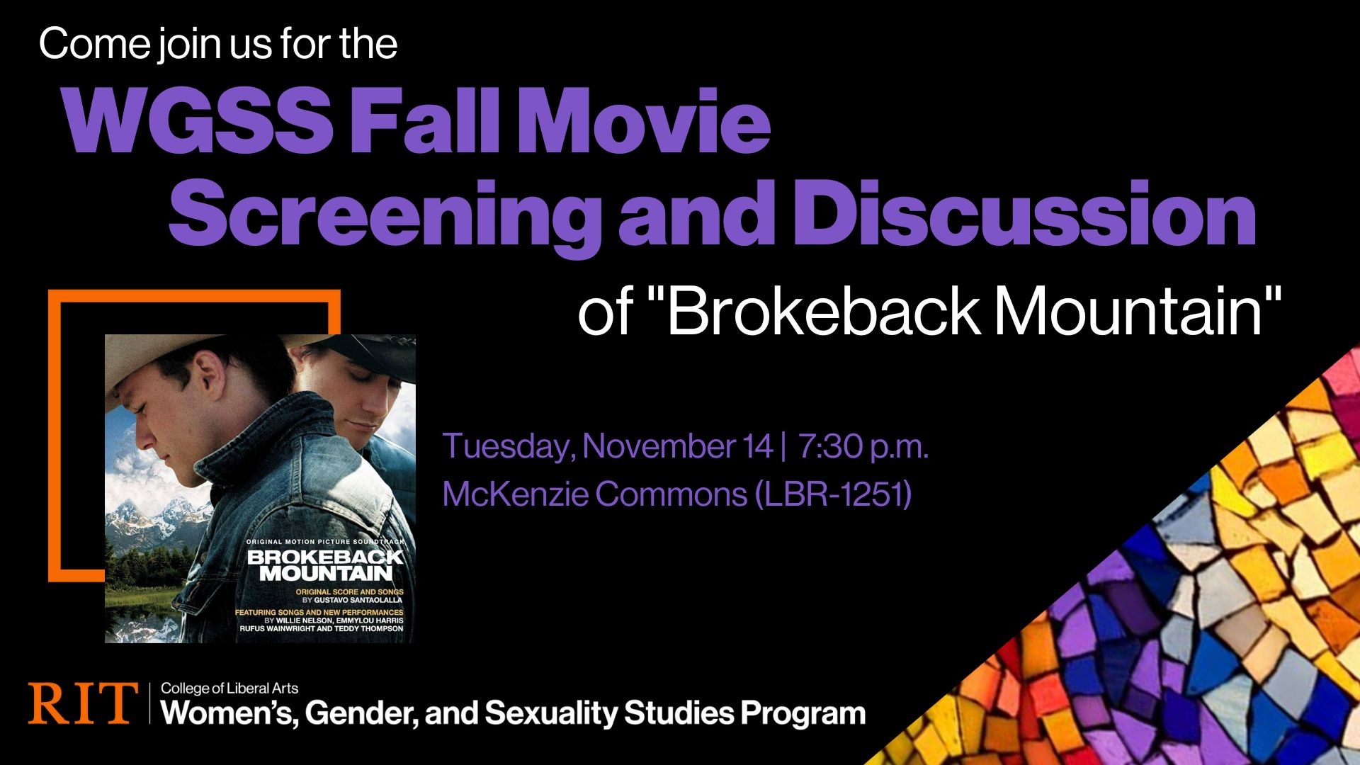 Brokeback Mountain image with text regarding the movie screening