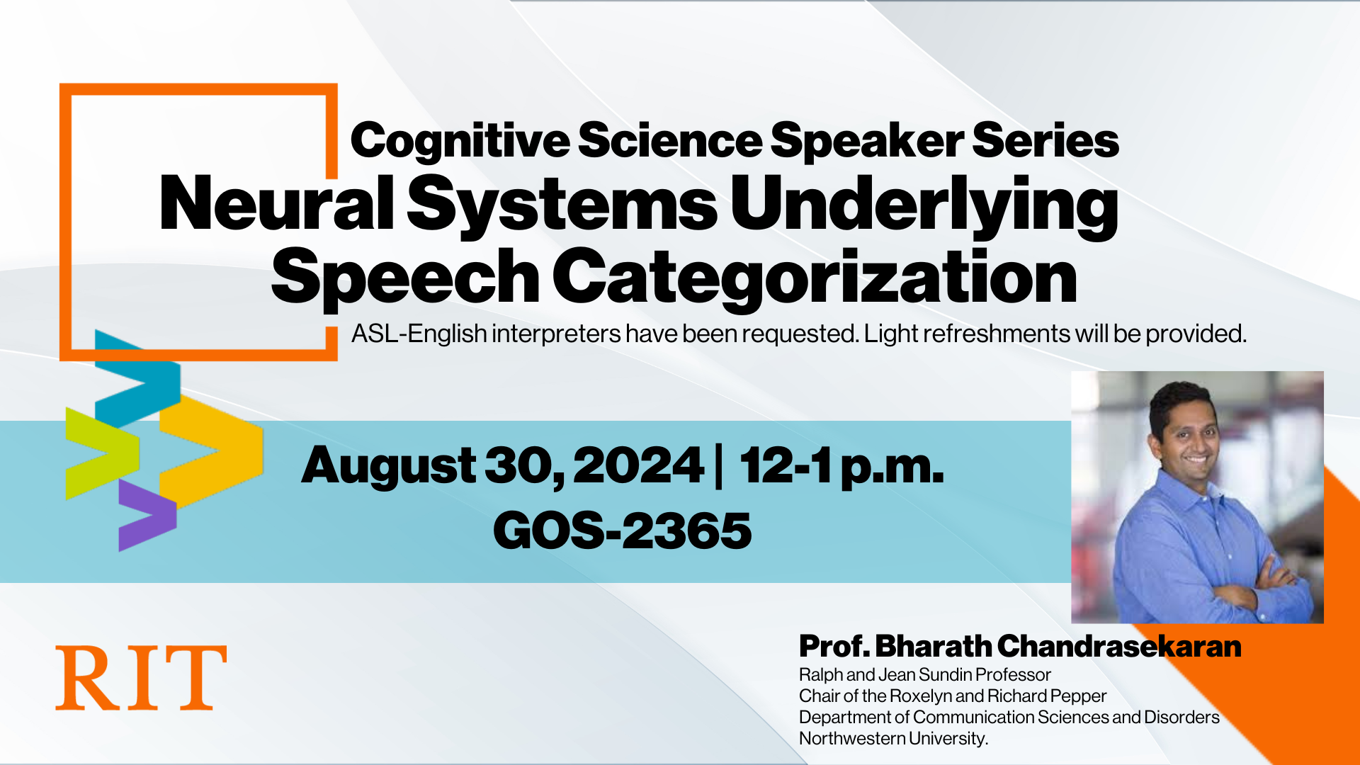 Grey background with event information, the title of the Cognitive Science Speaker series event, date time, location and a picture of the speak with name and title. 