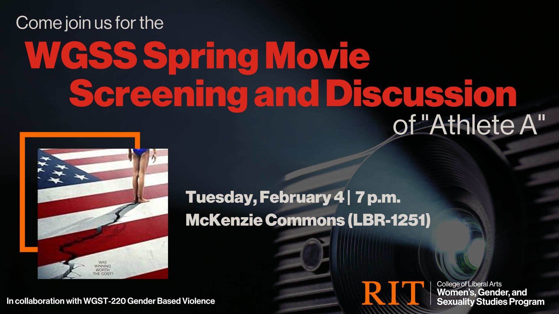 Camera background title in red and white text, date, times, and location in white, a colorful image from the movie. 