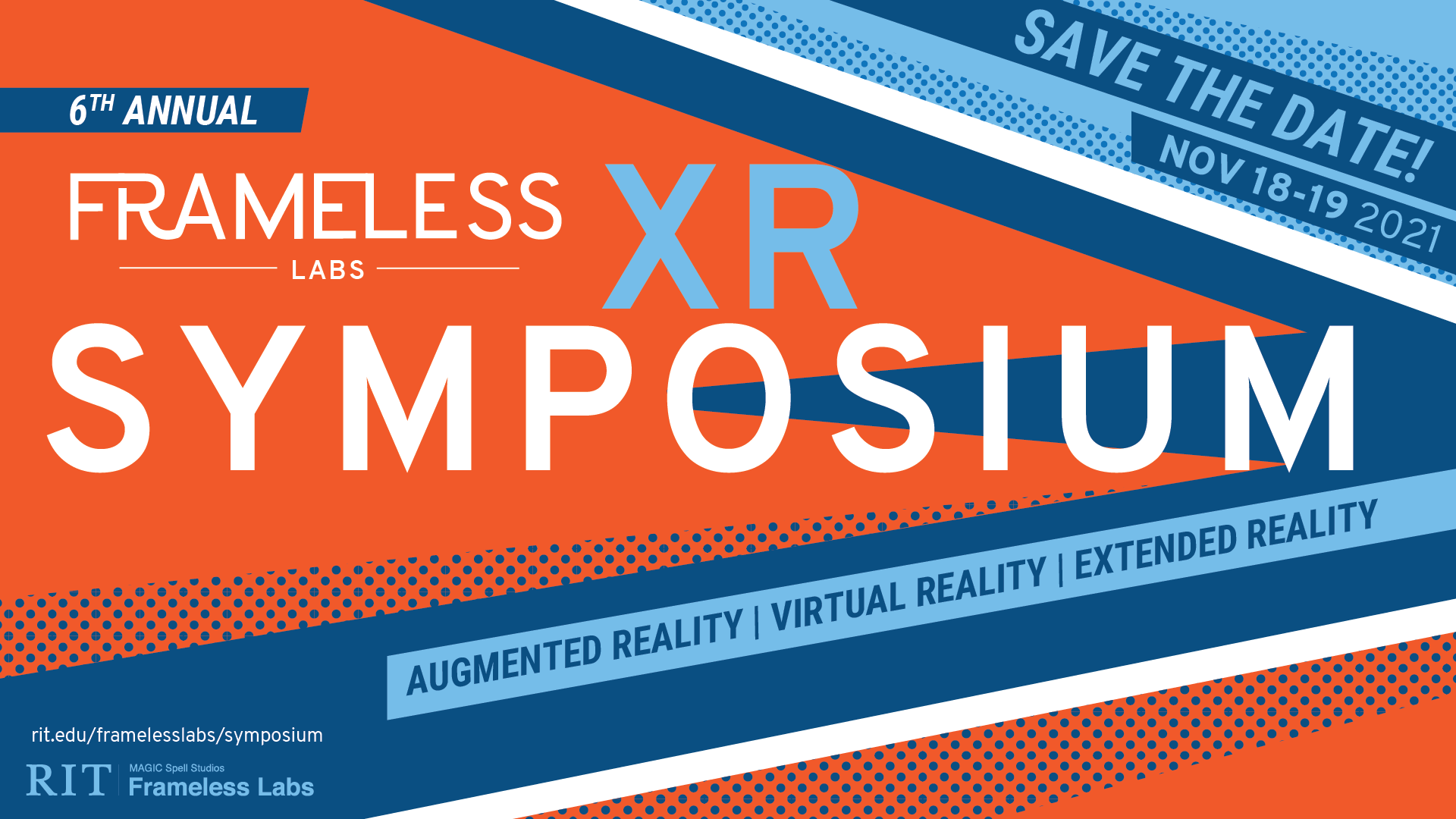 blue and orange graphic announcing Frameless XR symposium