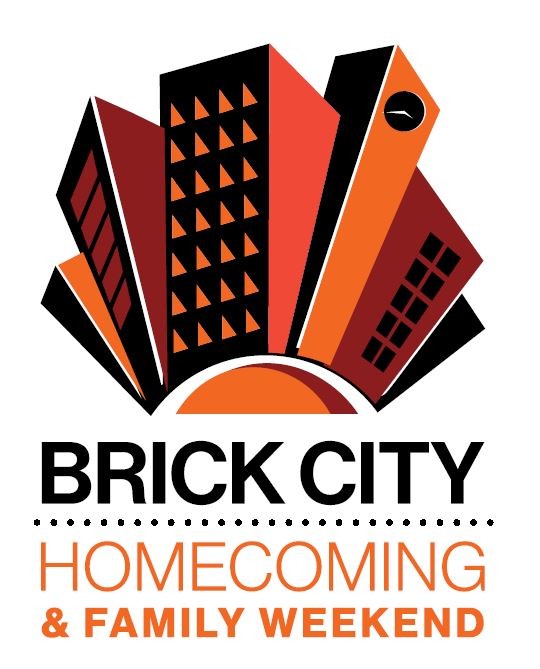 Brick City Homecoming and Family Weekend Logo includes imagry of RIT Buildings in Orange and Red colors. The Logo includes at the bottom the words "Brick City" in black text and "Homcoming and Family Weekend" in orange text.