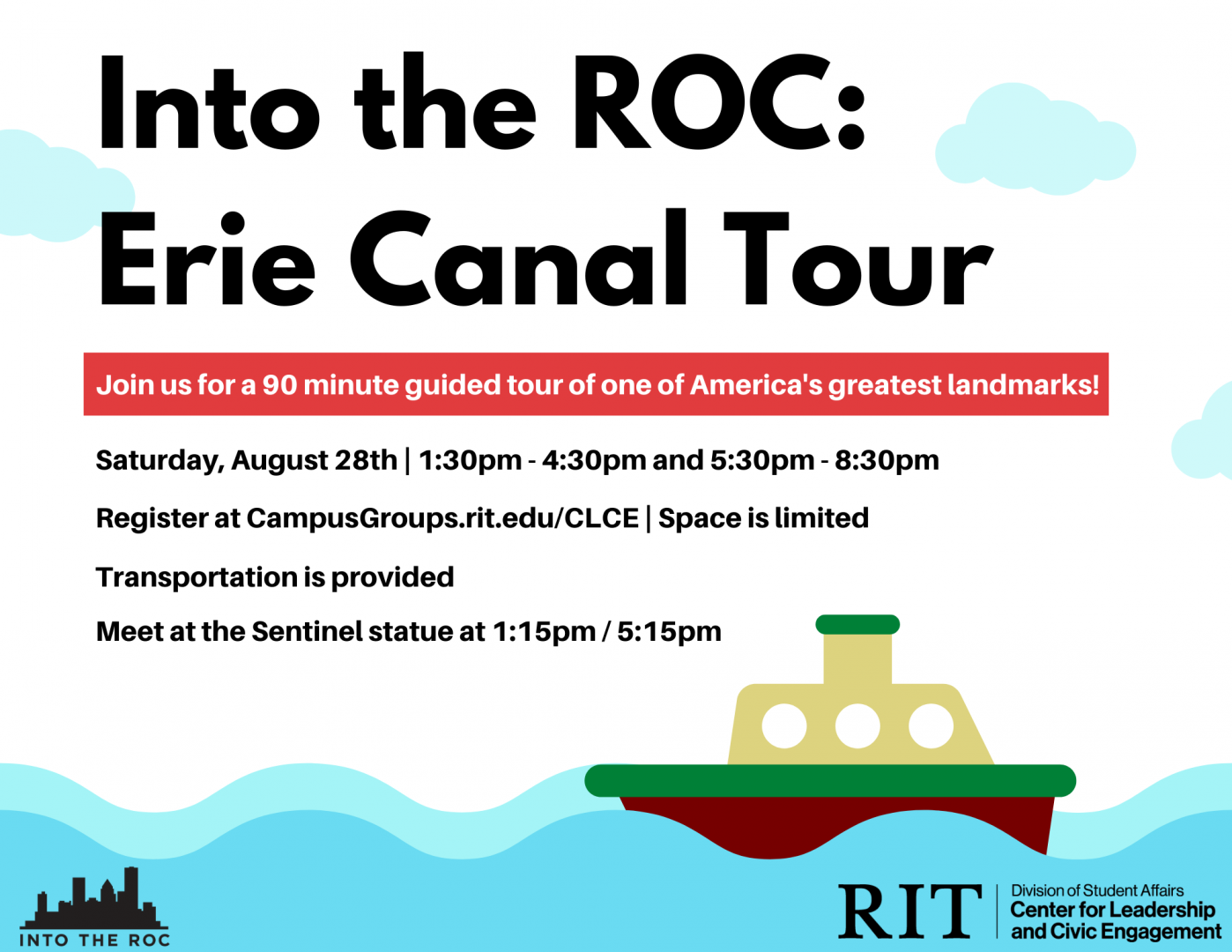 At the bottom of the image, a small boat floats in wavy water with clouds passing by overhead. Surrounding the image is text describing the details of the event.