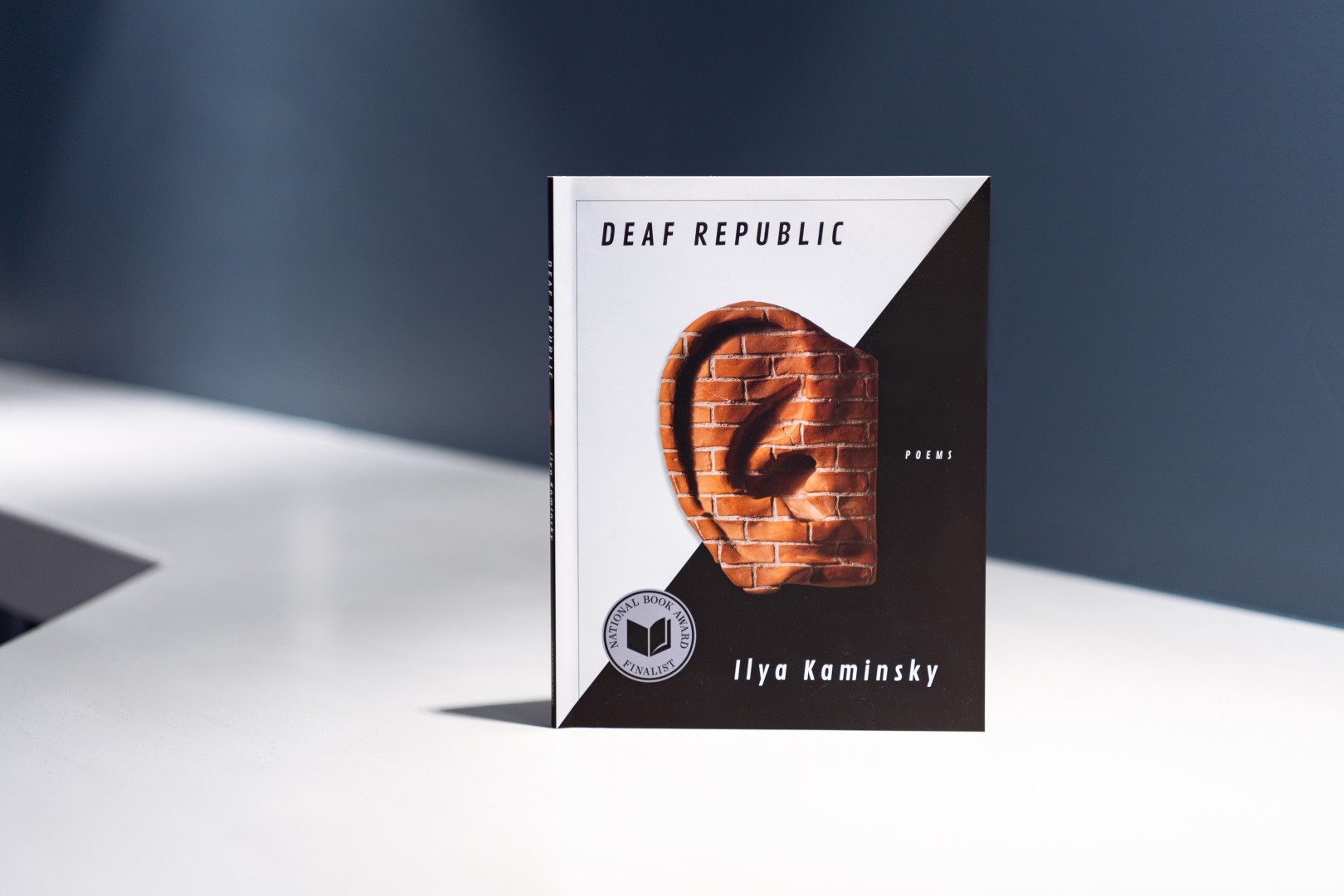 There is a book of Deaf Republic by Ilya Kaminsky with an image of brick ear and black/white background. 