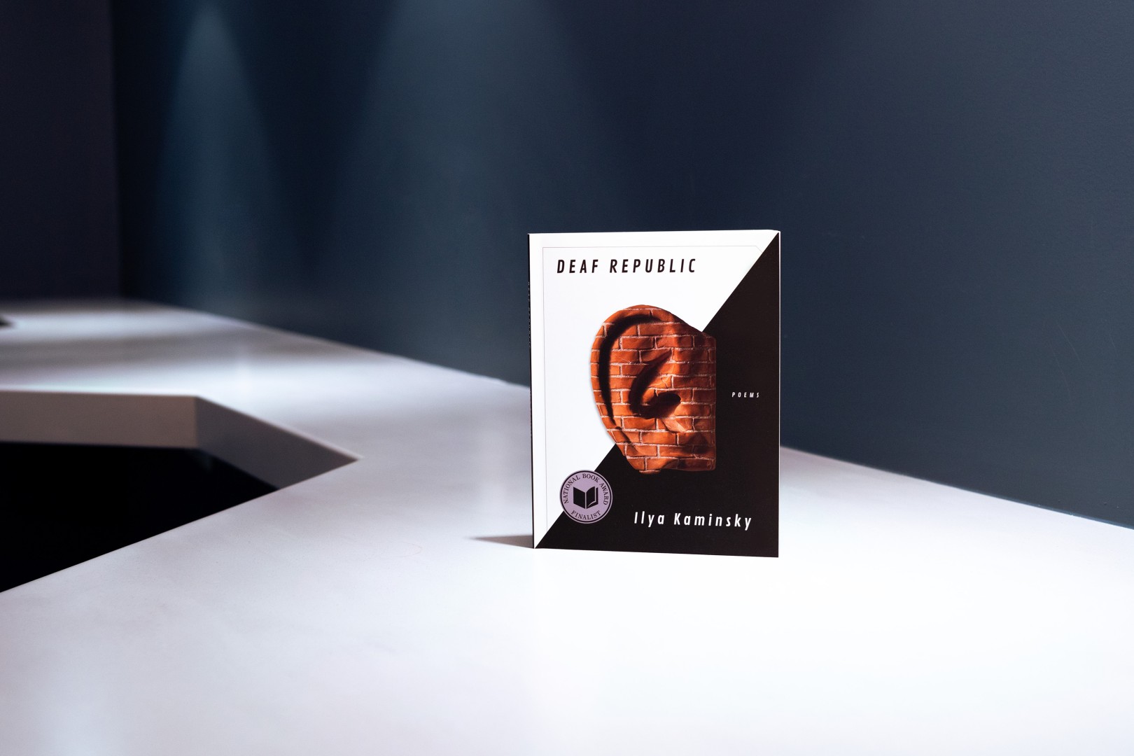 Image of "Deaf Republic" book - black and white color cover with image of an ear in the center.