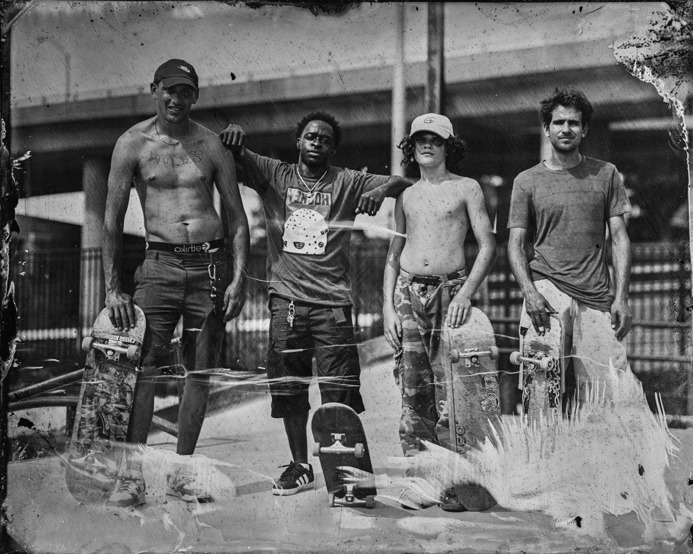 A tintype portrait of skaters at the Roc City Skatepark.