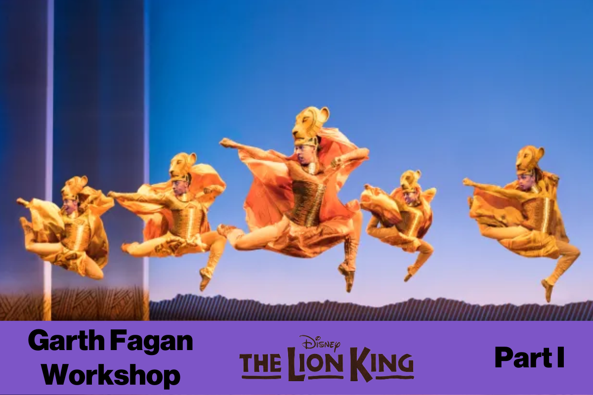 Garth Fagan Workshop Part 1, The Lion King Logo and a photo of 5 dancers dressed up as lions