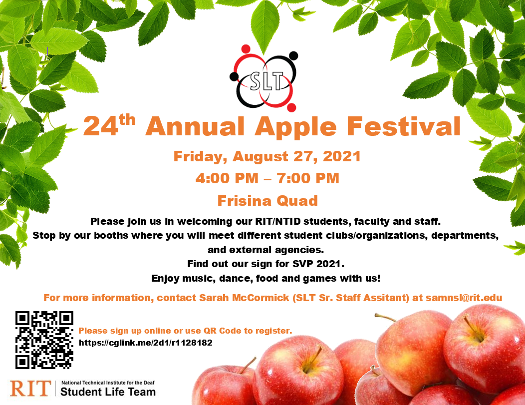 White background with top green leaves, SLT logo, QR icon, picture of red apples, and logo lockup - RIT|National Technical Institute for the Deaf. Both orange and black texts.
