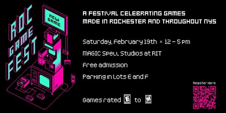 Turquoise and pink pixel art poster announcing festival
