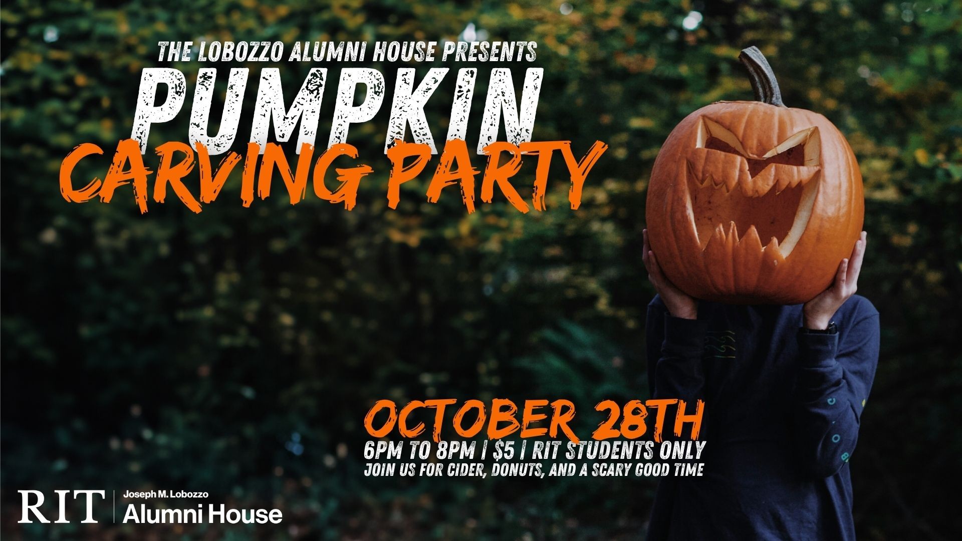 Pumpkin head with text about the event