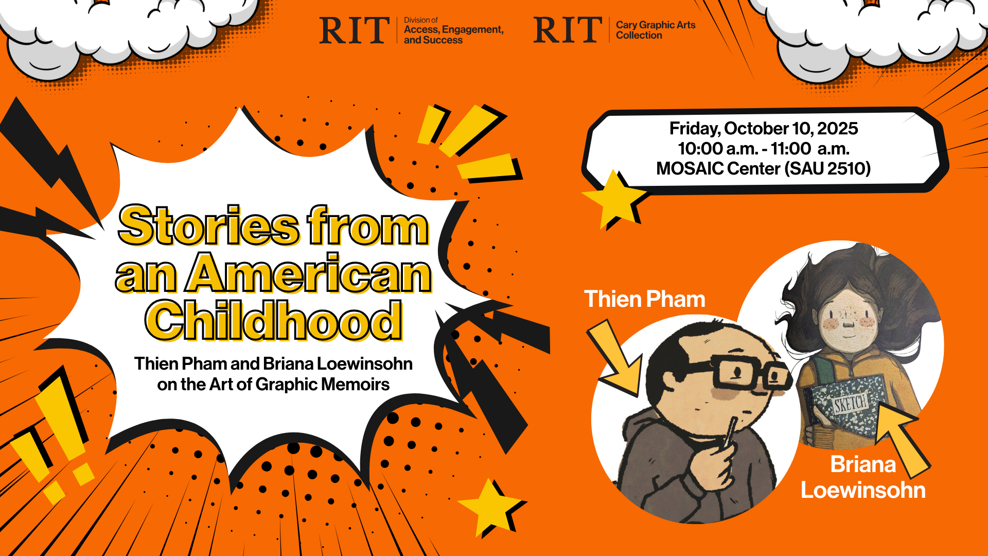 Comic style event banner with text and images