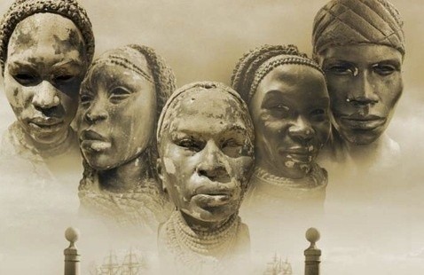Sepia-toned illustration featuring five sculpted heads of African individuals arranged side by side, emerging from a misty background. Each face has distinct features and expressions, with detailed textures suggesting carved stone or clay. Faint silhouettes of ships appear in the background below the faces, along with two vertical posts in the foreground, contributing to a historical and reflective atmosphere.