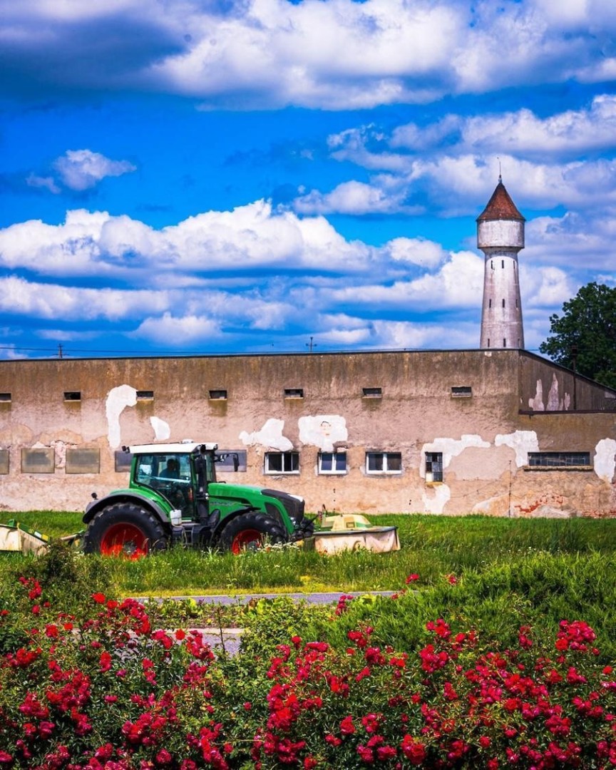saturated color photograph of a green farm tractor parked in a green field with red flowers with a block building in the background and bright blue skies with white clouds.