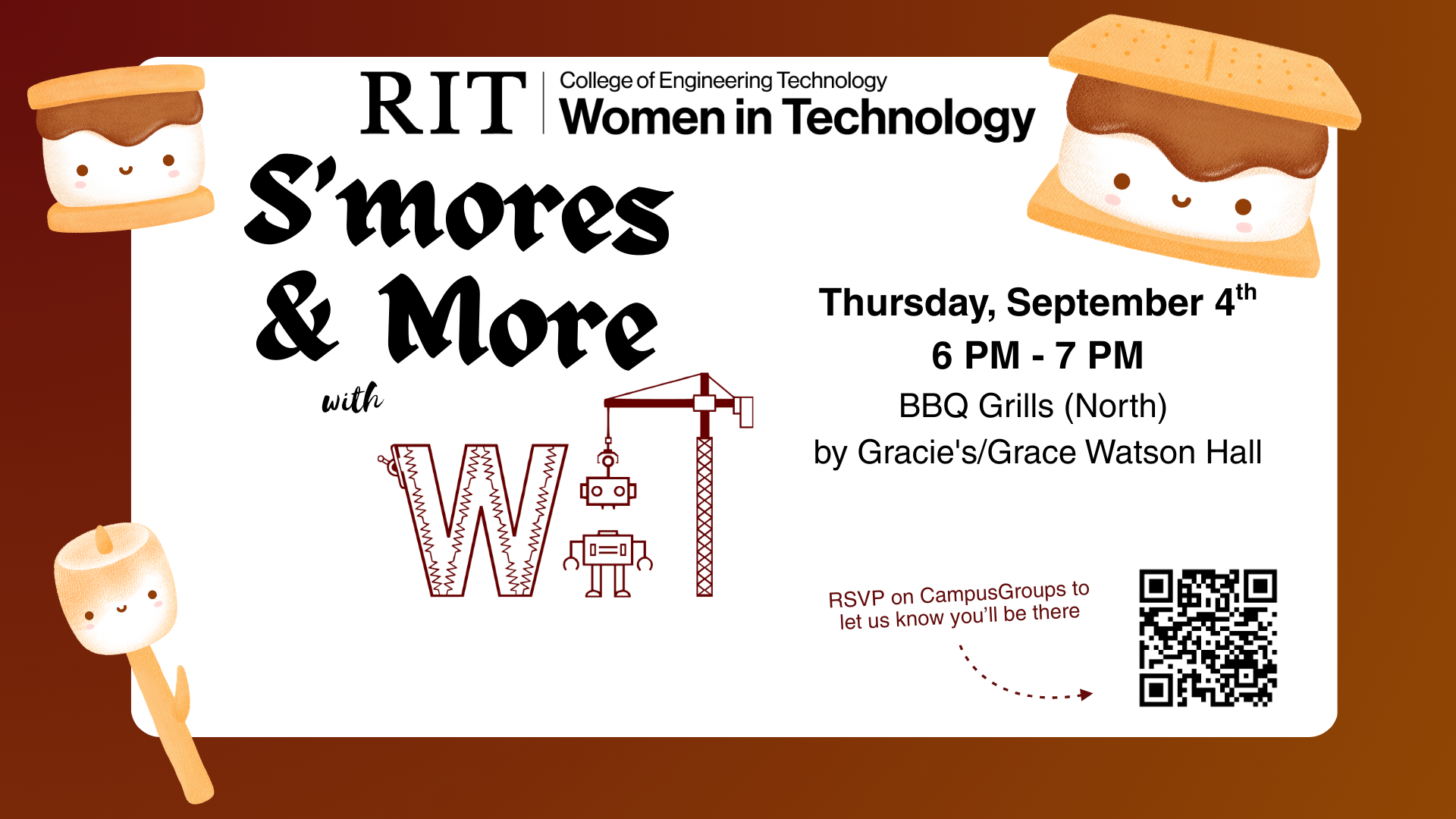 Promotional graphic for WIT General Meeting with s'more illustrations