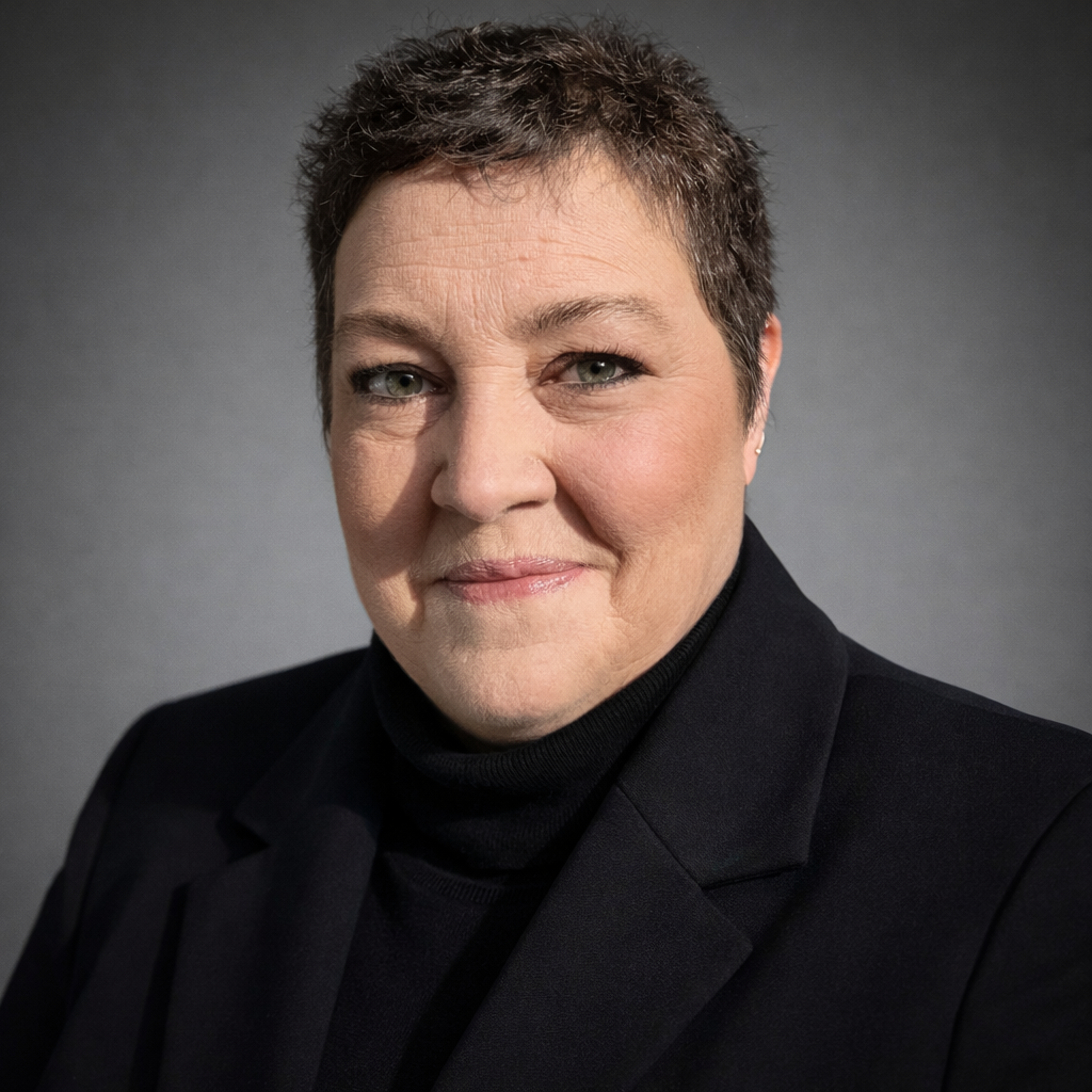 Professional headshot of a person with short, dark hair and light skin, wearing a black turtleneck and black blazer. They are facing forward with a slight smile, against a neutral gray background. Soft lighting highlights their face, creating a polished and approachable appearance.