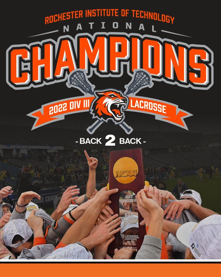 Image of the Men’s Lacrosse Team holding the Championship Trophy