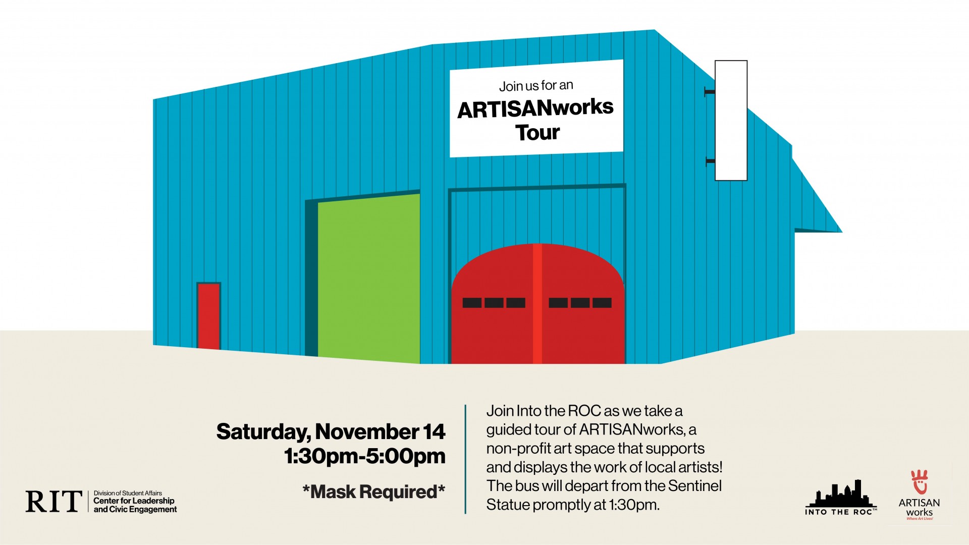 A caricature of the ARTISANworks building stands above the information for the event.