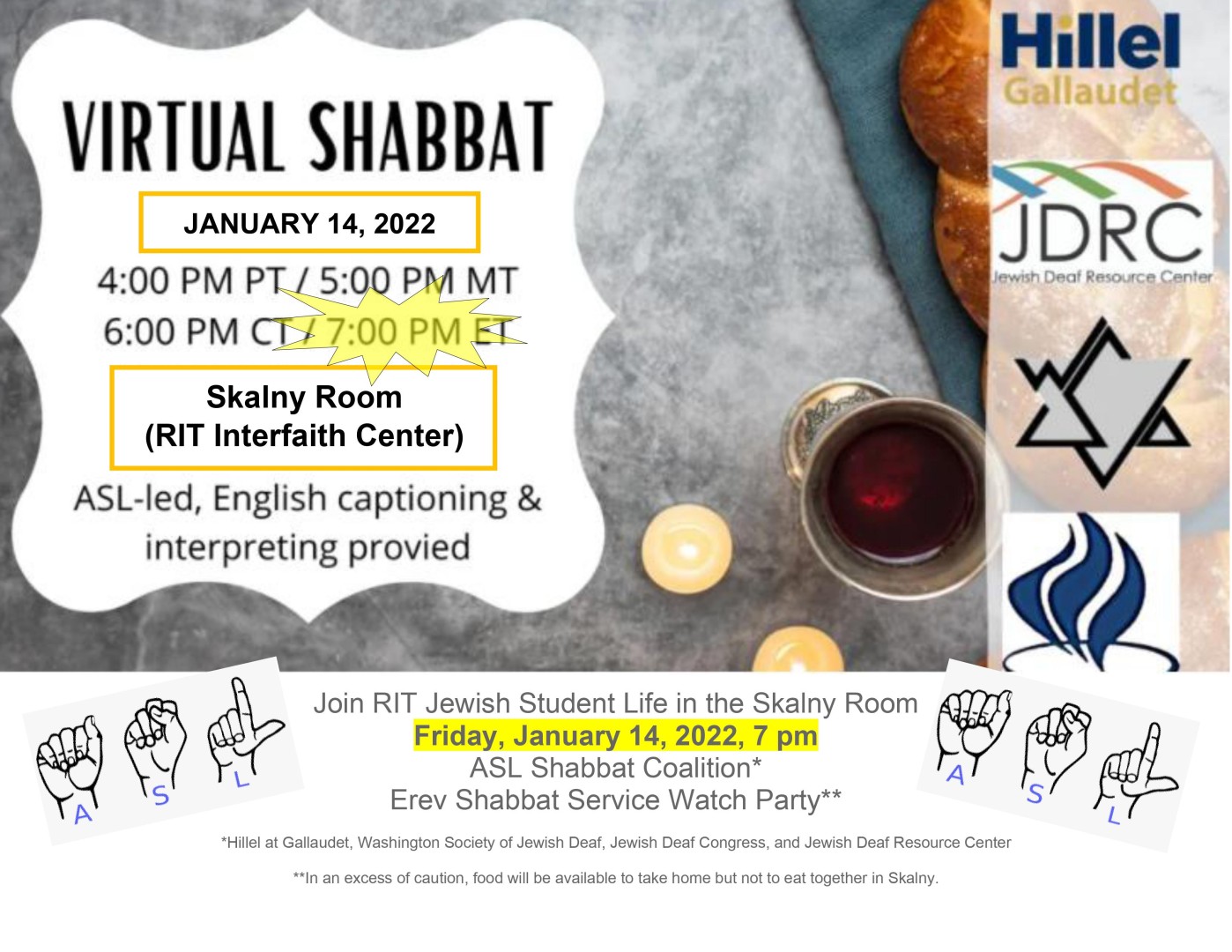 Shabbat ritual items, logos of 4 coalition partners, details of watch party event