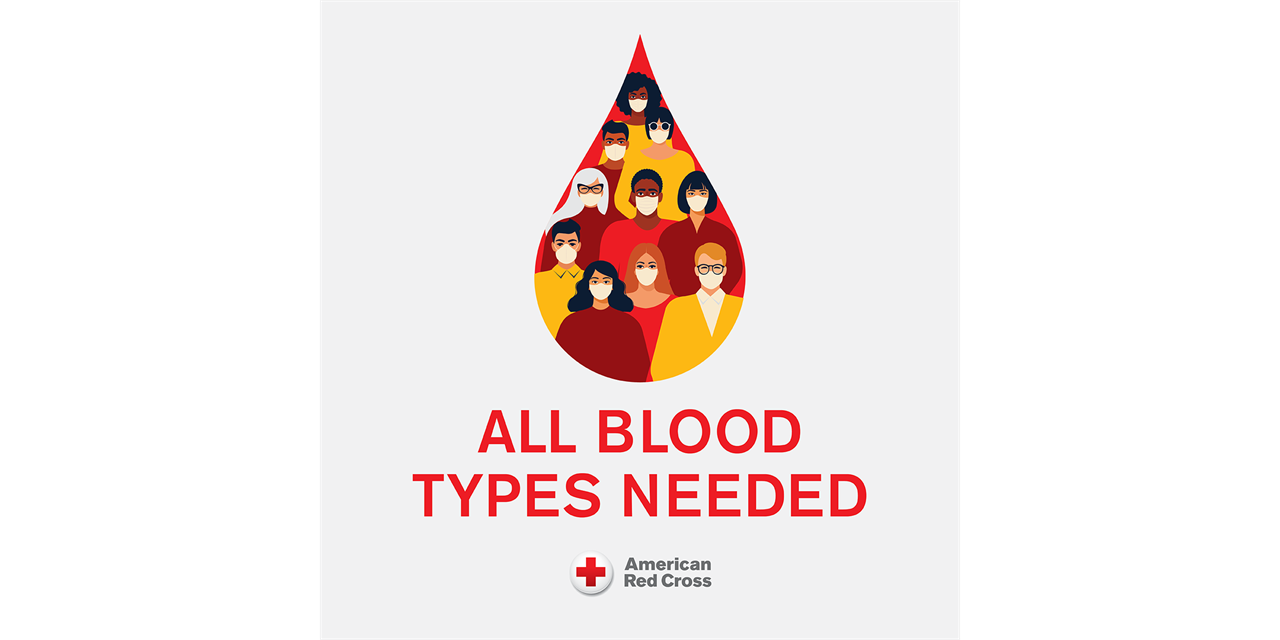 Poster reads All Blood Types Needed. American Red Cross