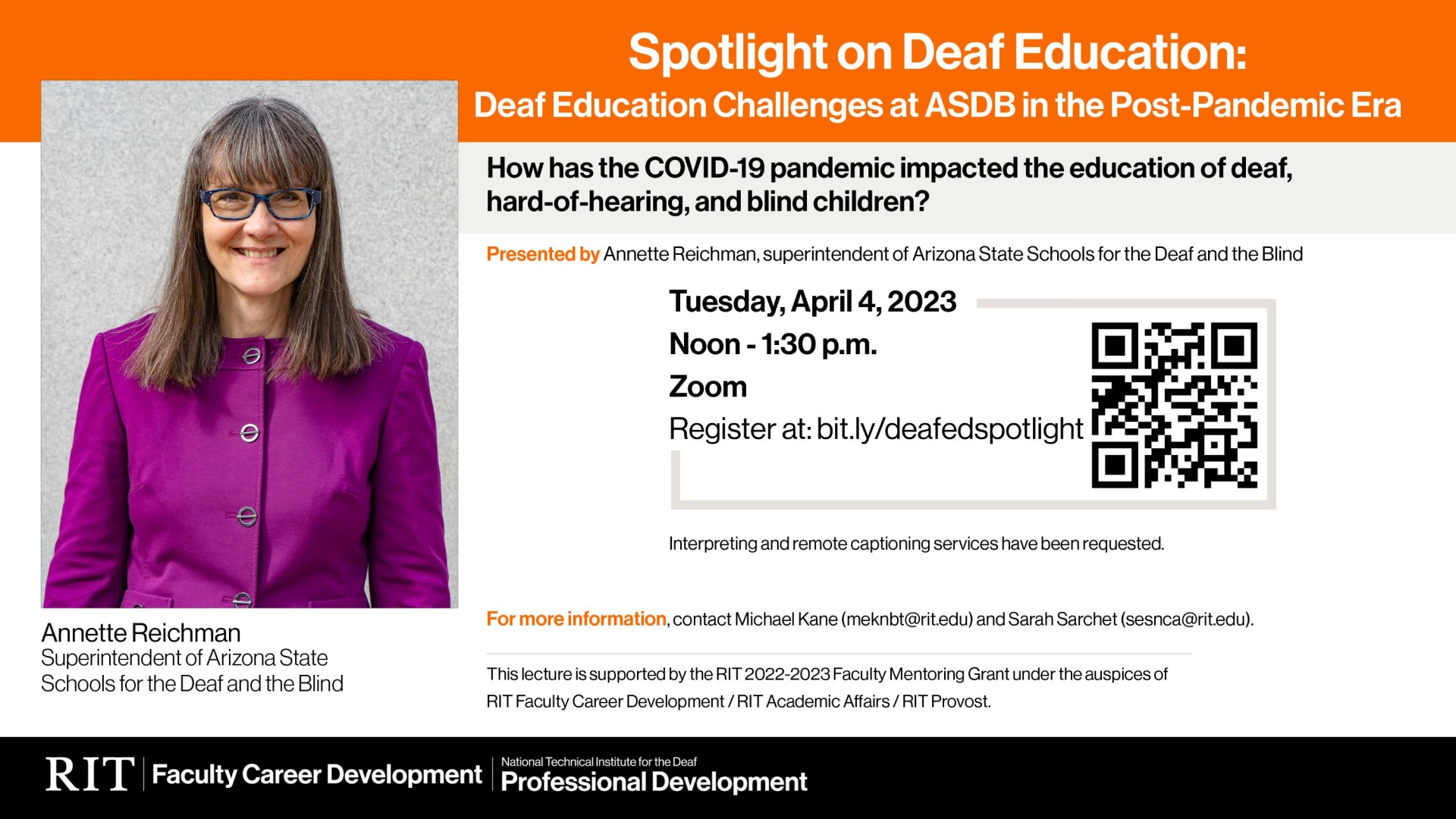Event poster for Spotlight on Deaf Education - Annette Reichman