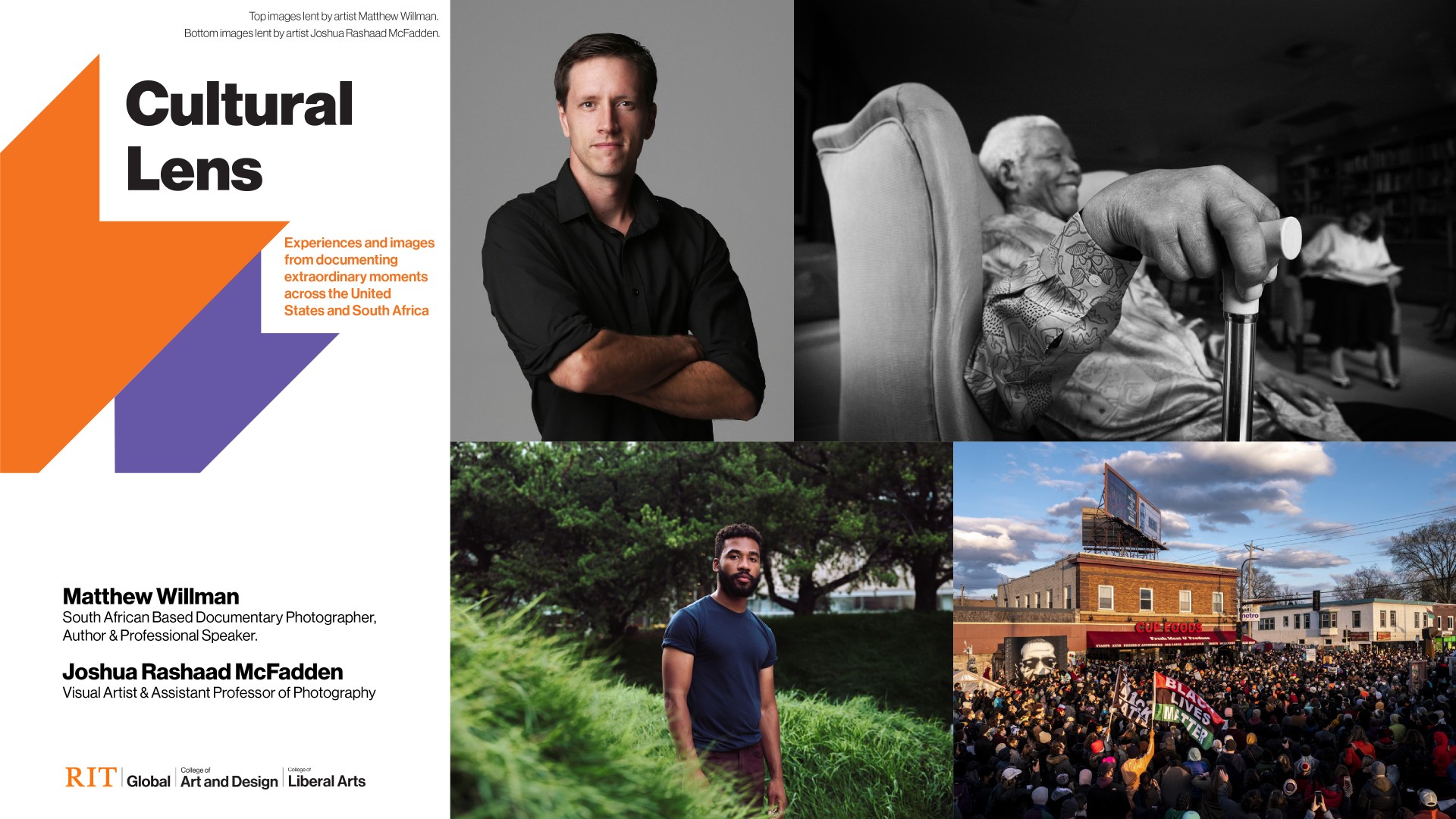 Portraits of presenters and samples of their work.