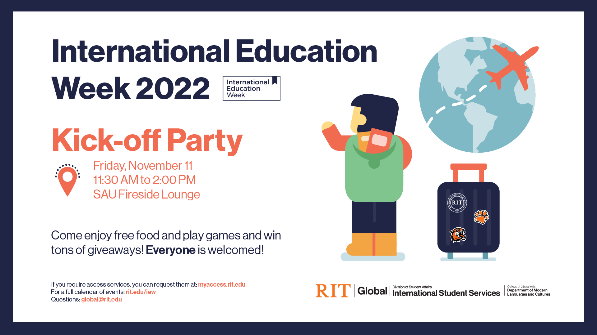 Globe with an airplane flying around, suitcase and student