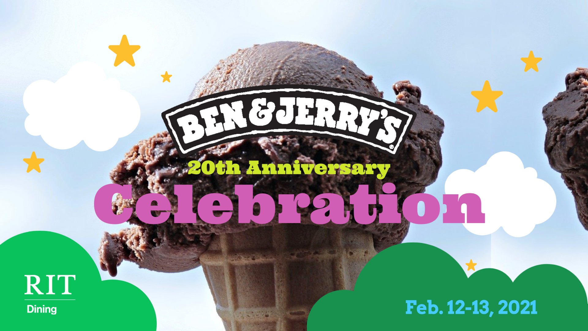 Chocolate ice cream cone surrounded by cloud and star graphics with "Ben & Jerry's 20th Anniversary Celebration"