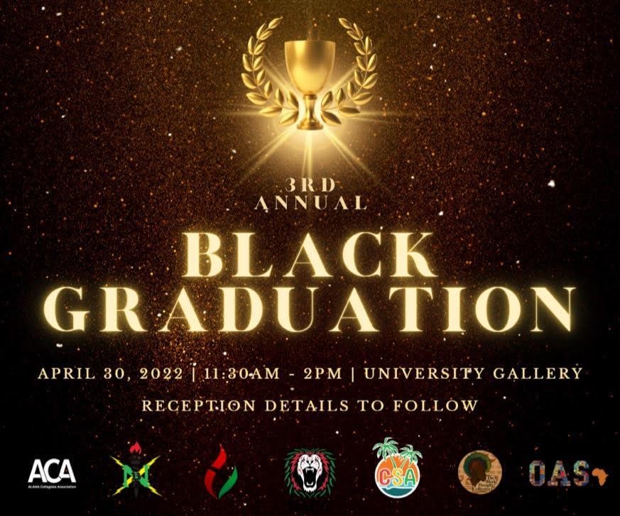 image of a night sky with a gold crest and the text Black Graduation