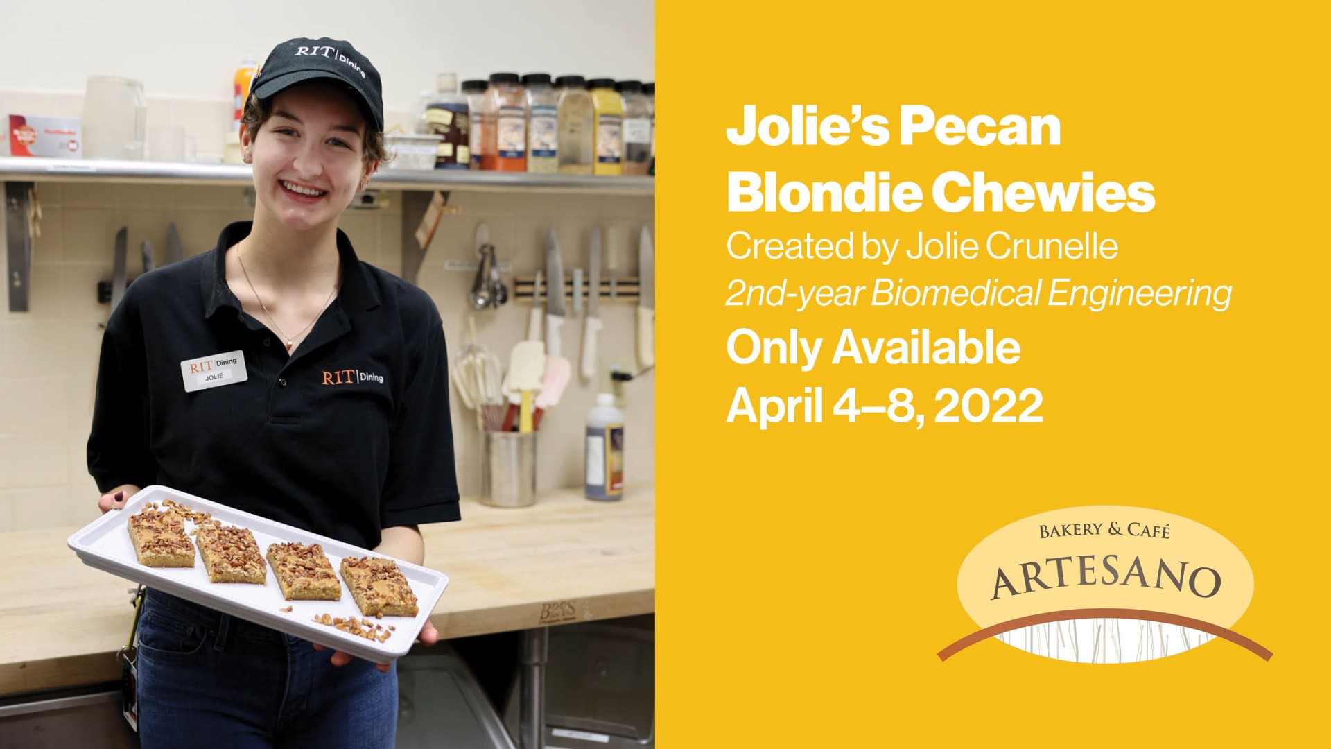 Student holding a tray of pecan blondie chewie desserts