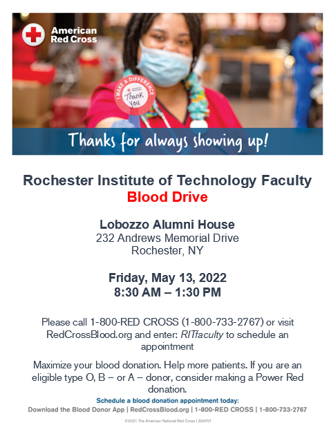 RIT Faculty Staff Blood Drive Flyer 5/13 8:30a-1:30p